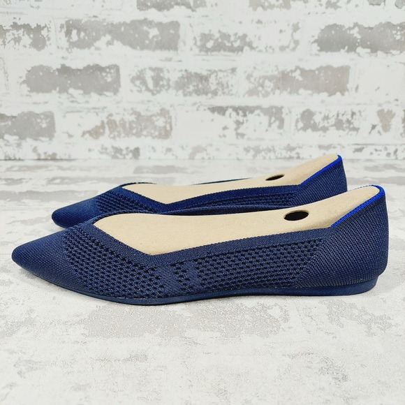NEW Rothy's The Flat Navy Blue Knit Pointy Toe Slip On Comfy Loafers O70